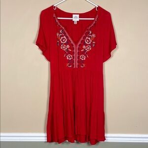 Knox Rose Women’s Floral Embroidered Red Multicolor Split Neck Tiered Mini Dress